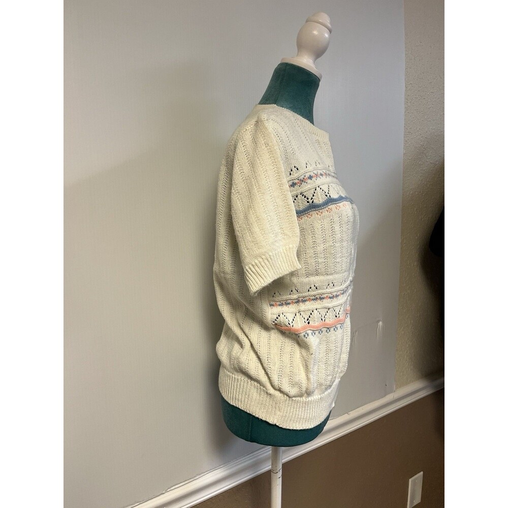 Vintage 80s Knit Sleeveless Sweater Tank • Pastel Pointelle Fair Isle Size M/L - Picture 3 of 7